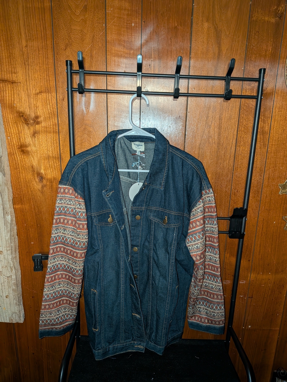 Denim Bomber Jacket with Patterned Rust Sleeves - Unbranded
